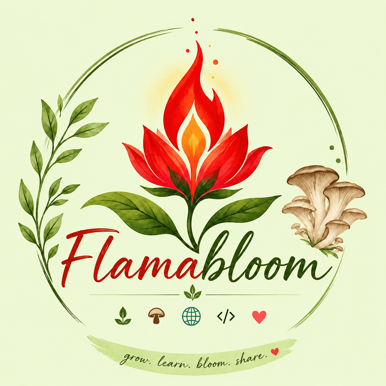 Logo Flamabloom với bông hoa lửa, lá xanh và cụm nấm sò.