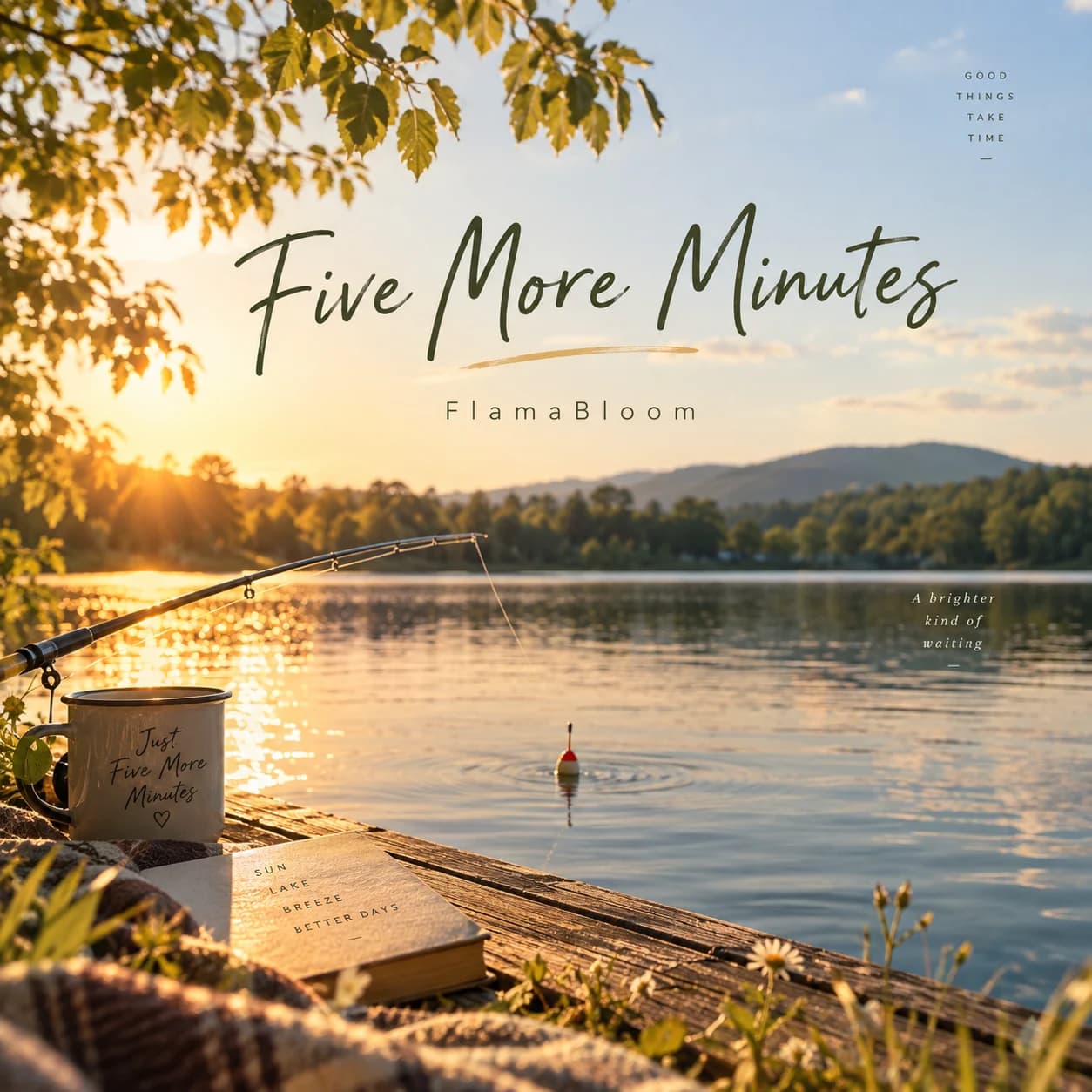 Bìa bài hát Five More Minutes với cần câu bên hồ trong ánh nắng vàng và chiếc phao trên mặt nước.