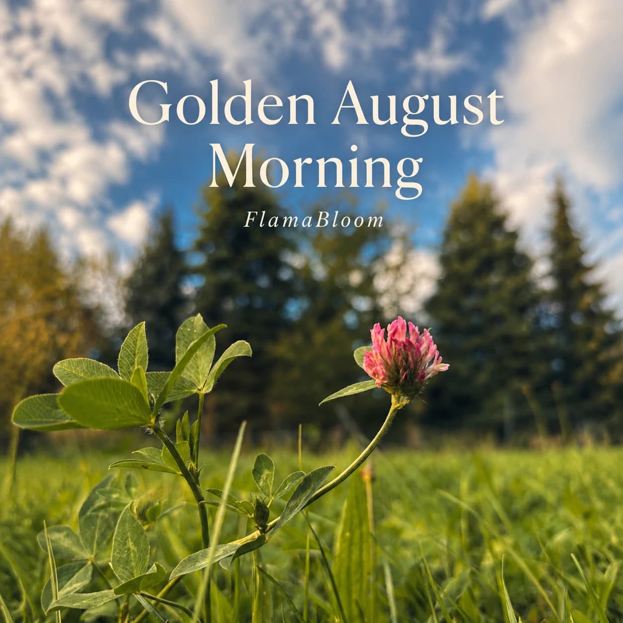 Bìa bài hát Golden August Morning với hoa cỏ ba lá hồng giữa bãi cỏ và nền trời xanh.