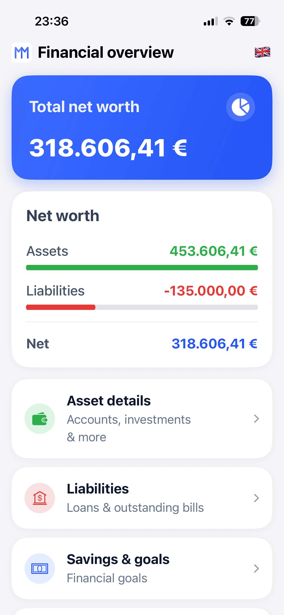 Money Map hiển thị tổng tài sản ròng, tài sản, khoản nợ và các lối tắt chính.