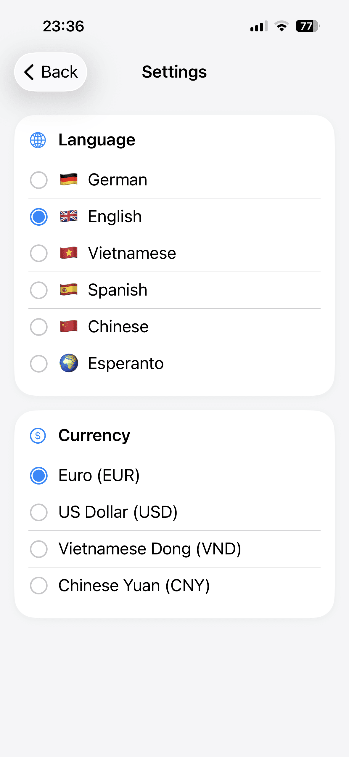 Cài đặt hiển thị lựa chọn ngôn ngữ và tiền tệ trong Money Map.