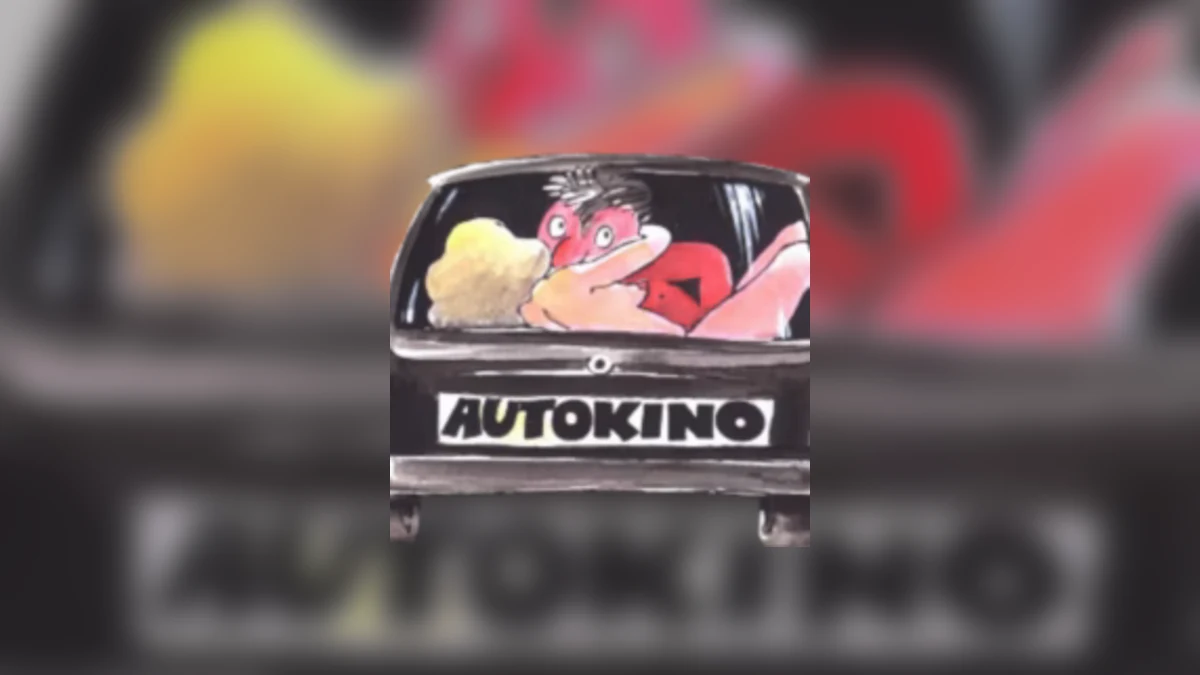 Logo Autokino với hình minh họa một người trong ô tô và hộp bỏng ngô.