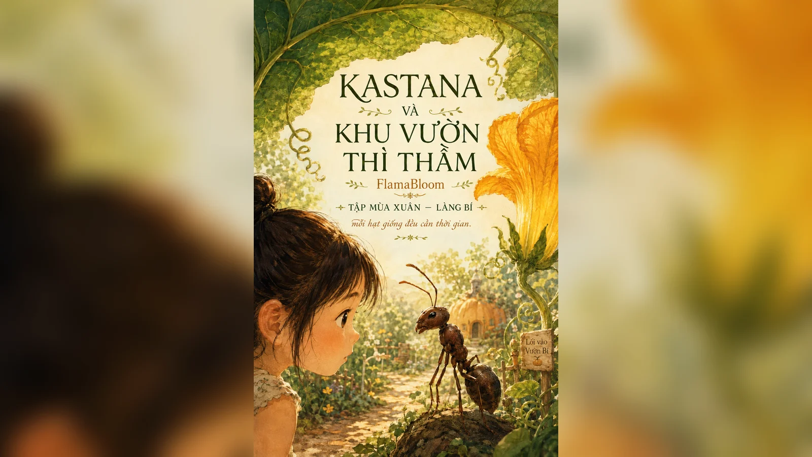 Bìa minh họa Kastana trong khu vườn bí, đối diện một chú kiến nhỏ giữa ánh sáng mùa xuân.
