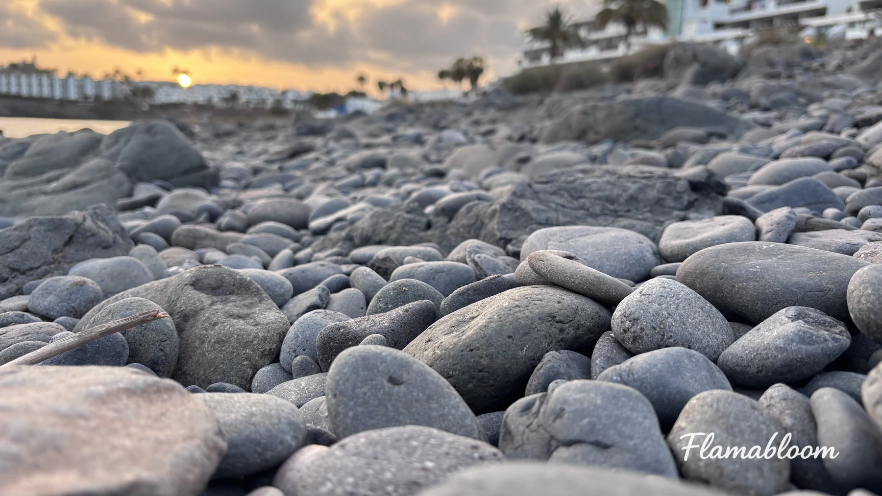 Bờ đá tròn gần biển ở Lanzarote trong ánh chiều.